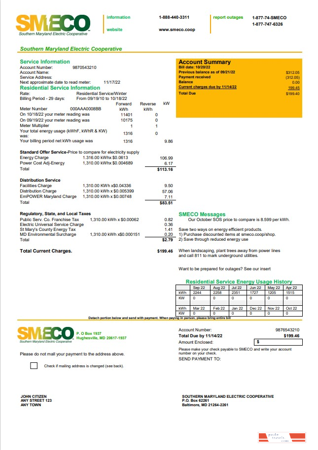 USA Maryland SMECO utility bill template in Word and PDF format